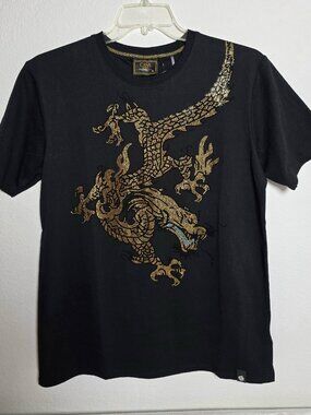 Casa Moda Couture Men's Black Gold Dragon Rhinestone T-Shirt NWT